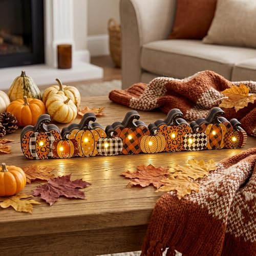 Yousoontic Fall Pumpkin Decor, LED Lighted Fall Table Centerpieces, Retro Plaid Leopard Wooden Pumpkin Sign Decorations 3D Block Farmhouse Decor for Autumn Harvest Thanksgiving Home Mantel Party - Image 3