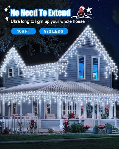 106 FT Christmas Lights Outdoor, 972 LED Waterproof Outside Christmas Lights Plug in, Connectable 8 Modes Hanging Fairy Lights with 216 Drops for House Eaves Yard Patio Wedding Decoration, Cool White - Image 3