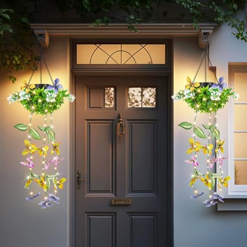 Colorful Solar Butterfly Lights for Spring & Summer Garden, 2 Pack Hanging Lights with Fluttering Butterflies & Flowers, IP65 Waterproof Outdoor String Lights for Patio, Birthday & Kids Play Area - Image 2