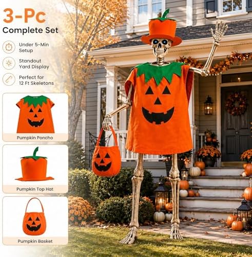 3 Pcs Pumpkin Outfits Set for 12 Ft Skeleton Halloween Yard Decor - Image 3