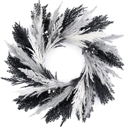 DecorbyHannah 18'' Black Halloween Pampas Wreath with Lights for Front Door by DecorbyHannah