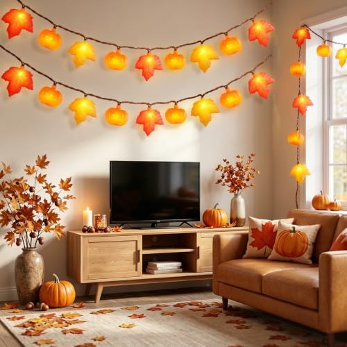 20 LED Fall Thanksgiving Decor Orange Maple Leaf & Pumpkins String Lights, 12Ft Fall String Lights Plug in, Outdoor Indoor Fall Decorations for Home Porch Fireplace Harvest Party Thanksgiving Decor - Image 6