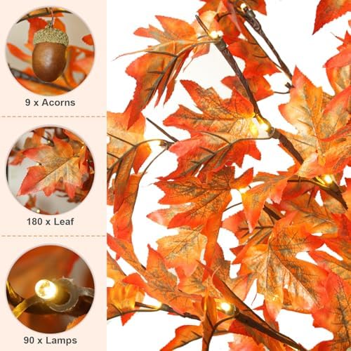 2 Pack 5FT 90LED Lighted Maple Tree - Thanksgiving Decor Artificial Tree with 9 Acorns 180 Leaves, Remote 8 Flashing Modes, Timing, Fall Tree for Outdoor Wedding Party Autumn Decor - Image 2