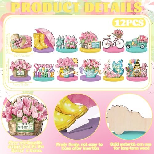 Amyhill 12 Pcs Spring Table Decorations Wooden Tabletop Centerpiece Wooden Table Sign for Tiered Tray Fiesta Carnival Party - Image 2