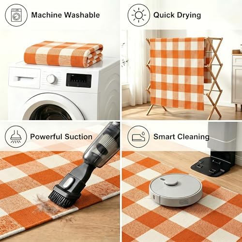 MUBIN Fall Decor Cotton Buffalo Plaid Rug, 27.5x43 Orange White Outdoor Rug Front Door Decorative Mat, Washable Halloween Doormat Foldable Area Rug Layered Door Mats Rug for Front Porch, Entryway - Image 5