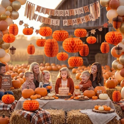 Gueevin 30 Pcs Fall Pumpkin Hanging Decorations Thanksgiving Pumpkin Honeycomb Balls Lanterns for Harvest Thanksgiving Party Supplies Indoor Outdoor Halloween Decor - Image 6