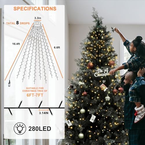 BOLWEO Christmas Tree Lights, 280LED Christmas Lights for Tree 8 Modesfor 6ft-7ft Christmas Tree, UL Certified Indoor Outdoor Christmas Decorations 8 * 6.6ft Drops Warm White - Image 6