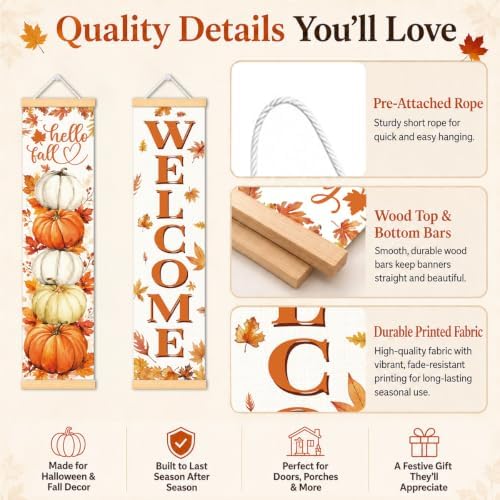 Hello Fall Pumpkin Door Banner Set of 2, Welcome Porch Decor for Home - Image 3