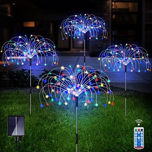 Outdoor Solar Garden Lights, 4 Pack 120 LED Copper Wire Waterproof Garden Fireworks Lamp with Remote, 8 Modes Decorative Sparkles Stake Landscape Light for Pathway Lawn Decor (Colorful) by JADAMOrganicFarming