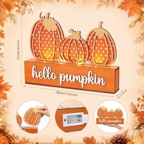 Yookeer Fall Pumpkin Table Decoration Lighted Thanksgiving Centerpiece Sign LED Autumn Tabletop Decor Hello Pumpkin Fireplace Wooden Table Sign Rustic Harvest Tabletop Decor for Indoor Home Farmhouse - Image 2
