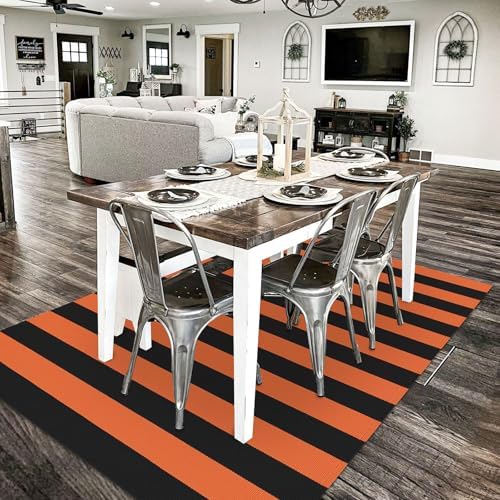 KILOCOCO 4x6 ft Halloween Striped Woven Orange Rugs Fall Front Door Rug - Image 4