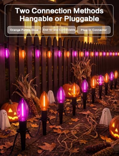 SUNSGNE Halloween Pathway Lights, 19.5Ft Halloween Stake Lights with 10 Count C9 LED Orange and Purple Bulbs for Lawn Yard Sidewalk Garden Decoration - Image 2