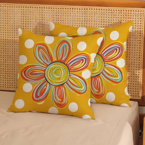 Summer Pillow Covers 16x16 Inch Set of 2 Polka Dots Watercolor Yellow Sunshine Flower Decorative Throw Pillows Boho Outdoor Sun Pillowcase Linen Farmhouse Cushion Case Decor for Home Bedroom - Image 3