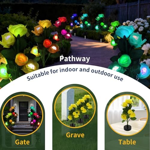 Solar Flowers Lights - Solar Garden Lights Outdoor Waterproof Yellow Rose, 40 Hours Color Changing Solar Powered Outside Decor Decoration for Yard Patio Pathway Lawn, Gifts for Mom, 2pcs - Image 4