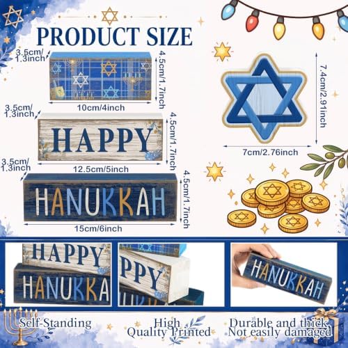 Lineshading 4 Pcs Wooden Hanukkah Block Signs Farmhouse Tiered Decor - Image 3