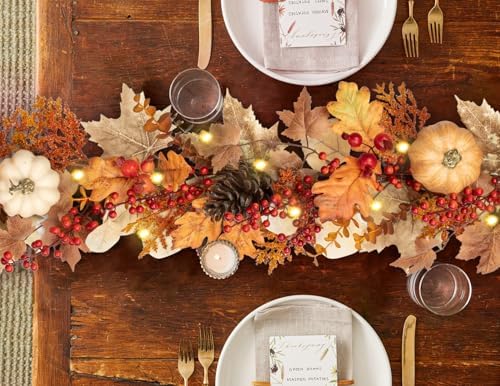6FT Fall Garland for Mantle with Lights, Pumpkins, Pinecones, Berries - Image 7
