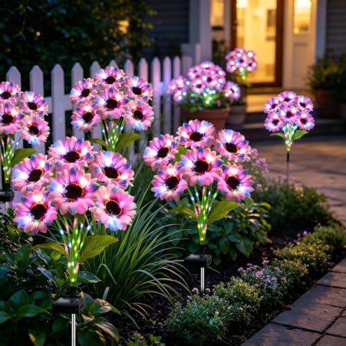 Solar Garden Lights Outdoor, 6 Pack Solar Multicolor Sunflower Lights with 18 Head 3.5 Inch Flowers, Waterproof Flowers Light Fall Decor Auto ON/Off for Garden Yard Patio, Gifts for Mom Women - Image 5