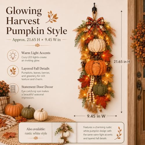 Rustic Wooden Pumpkin Door Hanging with Warm LED Lights, Rustic White Pumpkin Hanging Swag, Fall Decor Gift, Glowing Wreath, Farmhouse Porch Front Door Decoration Home(Orange with Light) - Image 4