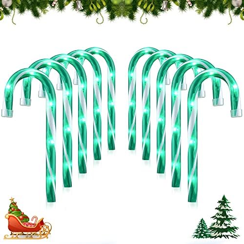 J-HVA 10" 10 Pack Christmas Candy Cane Landscape Lights Decoration, Green by J-HVA