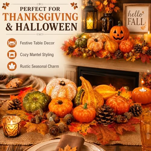 Fall Harvest Decor Set, 50-Piece Autumn Kit with Mini Pumpkin, Gourd, Maple Leaf, Acorn, Pine Cone, Thanksgiving and Halloween - Image 5