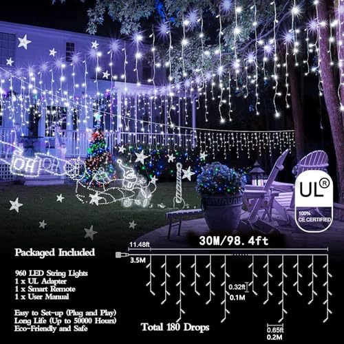 FLVOECN 98FT 960 LED Christmas Lights, Waterproof 8 Modes Ice Lights for Outside with Memory and Timer Hanging Fairy Lights Plug-in Curtain String Lights for Holiday Party Wedding Home (Cool White) - Image 3