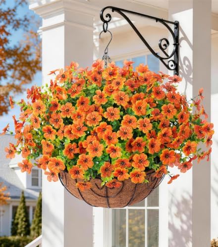 HyeFlora Artificial Fake Fall Hanging Plants Flowers Basket for Outdoor Decor, Faux Silk Orange Mums Daisy in Planter Look Real UV Resistant for Autumn Porch Home Patio Garden Yard Decoration by HyeFloraartificialflowers