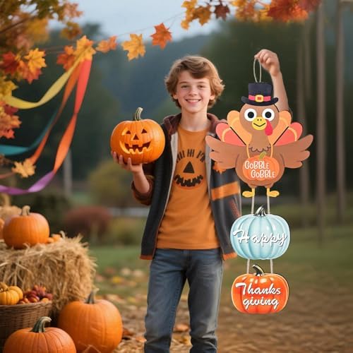 EpcrenAra Thanksgiving Door Hanging Sign Decorations, Wooden Fall Wall Hanger Decor Turkey Pumpkin Wreath Front Door Signs for Porch Wall Indoor Outdoor Deco - Image 5