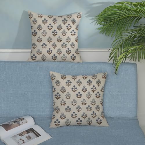 Blue Brown Pillow Covers 18x18 Inch 2 Pcs Block Print Vintage Floral Decor Throw Pillows Boho Flower Spring Summer Outdoor Seasonal Decoration Pillowcase Linen Cushion Cover for Couch Sofa - Image 3