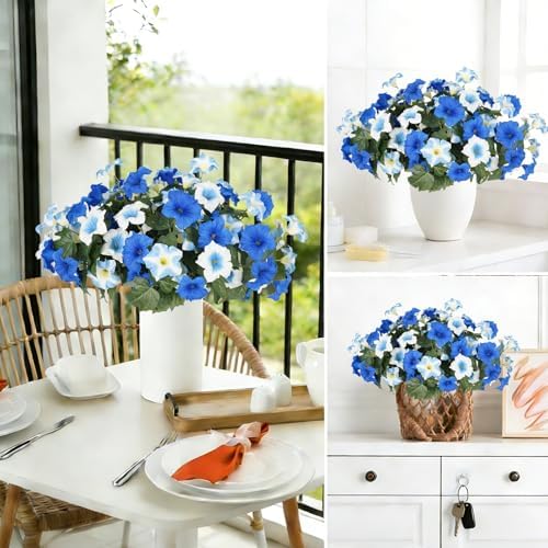 Artificial Flowers for Outdoors, Faux Petunias Spring Summer Decoration, Fake Flowers Plants UV Resistant Look Real Silk Flowers for Outside Planter Front Door Porch Patio Yard (6, Blue-White) - Image 4