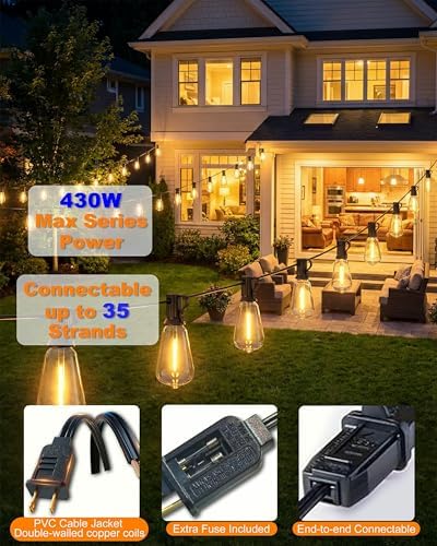 Outdoor String Lights Waterproof, 54FT Dimmable Patio Lights with 24+1 Shatterproof Edison Bulbs, 2700K ST38 LED Outdoor Hanging Lights for Gazebo, Backyard, Balcony, Garden, Party Decor - Image 4