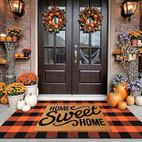 Uphome Bufflo Plaid Outdoor Rug 3'x5', Fall Decor Checkered Front Door Mat, Halloween Indoor Outdoor Porch Rug for Layered Door Mats, Washable Farmhouse Black/Orange Area Rugs for Patio Entryway - Image 5