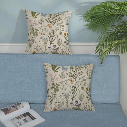 Sage Green Pillow Covers 20x20 Inch 2 Pcs Spring Green Wild Flower Decor Throw Pillows Vintage Floral Botanical Seasonal Summer Outdoor Decoration Pillowcase Linen Cushion Cover for Couch Sofa - Image 3