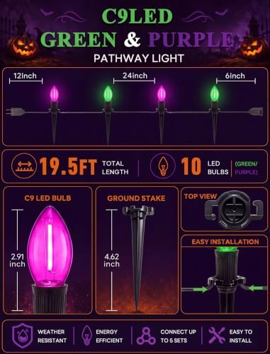 19.5FT Halloween Pathway Lights, 10 Green and Purple C9 LED Stake Lights - Image 2