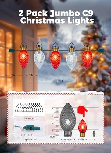 Strawberry Jumbo C9 Christmas Pathway Lights Outdoor - 2Pack Total 17FT 10 LED C9 Walkway Light, Hanging Christmas Lights Outdoor for Lawn Yard Holiday Decorations, Red & Pure White - Image 5