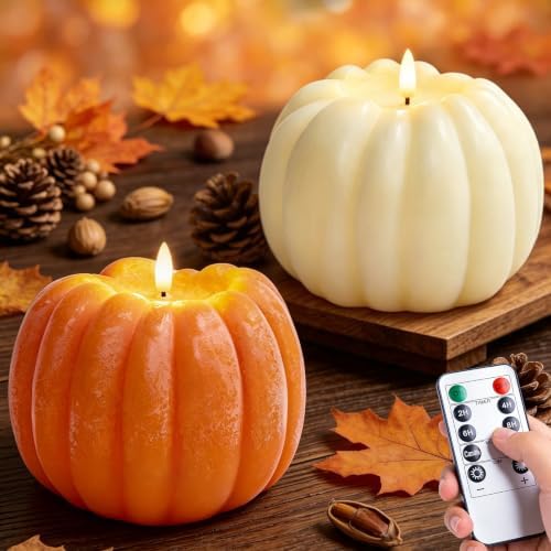 Fall Decorations for Home, Large Flameless Pumpkin Candle, Orange & White by ARIKJ