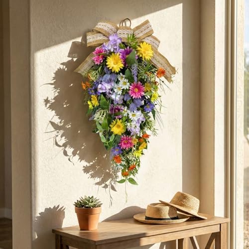 25 Inch Lighted Spring Summer Teardrop Swag with Timer Daisies Wildflower Burlap Bow Farmhouse Floral Decor for Front Door Wall - Image 4