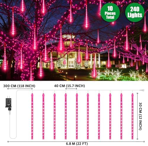 LAMPHOME Pink Lights for Valentines Day Decor,Christmas Lights Outdoor12-inch LED Meteor Shower Icicle Lights, 10 Tubes 240 LED Shower Rain Waterproof Plug for Xmas Tree Yard House - Image 2