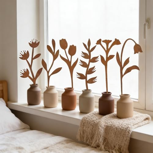 hogardeck Garden Decor for Outside, 6 Pcs Rusty Metal Flower Garden Stakes with Fern Leaf Design for Outdoor Yard Art, Rustic Plant Stakes for Flower Bed, Pot, Vase - Image 5
