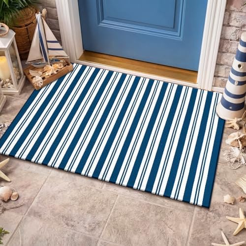Moucuny Steel Blue and White Stripe Outdoor Rug 2'4''X3'7''Nautical Doormat - Image 6