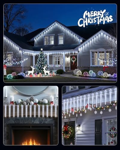 Brightown Christmas Meteor Shower Icicle Lights Outdoor, 2 Pack Total 40ft with 40 Large Tube 960 LED Dropping Effect, Waterproof Decorations for House Eave Roofline, Cool White - Image 5