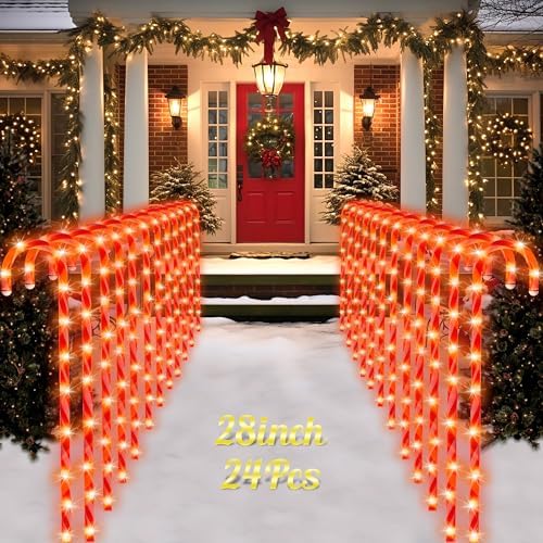COOWUFAN 28" Christmas Candy Cane Pathway Markers Lights, Set of 24 Pack Christmas Outdoor Decorations, Waterproof Candy Cane Decor for Indoor Outside Yard Garden Patio Lawn by COOLWUFAN