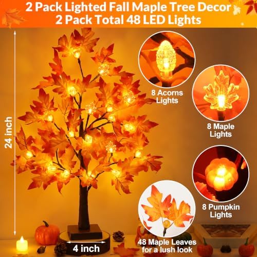 [Timer] 2 Pack 24 Inch Fall Maple Tree Decor with 48 LED Fall Thanksgiving Decorations, Battery Operated Fall Tree Lights with Pumpkin Acorn Maple for Fall Thanksgiving Table Decorations Home Indoor - Image 3