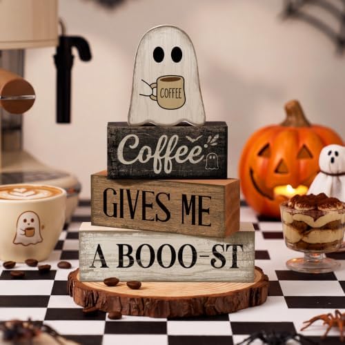 Lineshading 4 Pcs Halloween Tiered Tray Decor, Wooden Ghost Coffee Blocks - Image 2