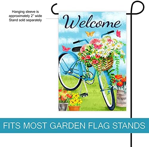 Texupday Welcome Blue Bicycle Flower Blooms Butterfly Decoration Spring Garden Flag Outdoor Yard Flag 12" x 18" - Image 2