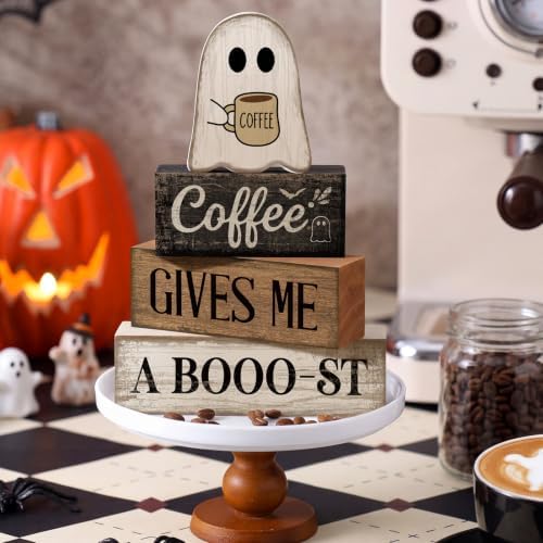 Lineshading 4 Pcs Halloween Tiered Tray Decor, Wooden Ghost Coffee Blocks - Image 6