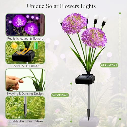 Solar Lights Outdoor Waterproof, 2 Pack Purple Solar Firefly Swaying Lights with Flowers, Flower Light Garden Decor for Outside Yard Patio Halloween for Women Grandma - Image 2