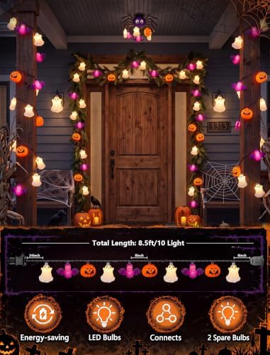 8.5FT 10 LED Halloween Pumpkin Bat Ghost String Lights Outdoor, Linkable - Image 2