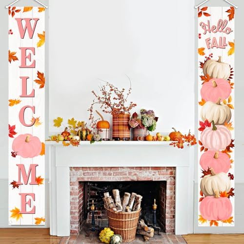 MEHOFOND Pink Pumpkin Porch Banner Sign, Hello Fall Pumpkin Maple Leaves Door Decorations, Board Wall Hanging Farmhouse Supplies, Pumpkin Porch Decorations Outdoor for Home Office Holiday - Image 3