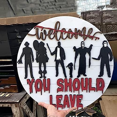 Halloween Horror Welcome Sign for Front Door, Horror Movie Characters Door Hanger Scary Halloween Decorations Wood Wreath Hanging Door Sign for Farmhouse Porch Wall Decor Outdoor by Afonso