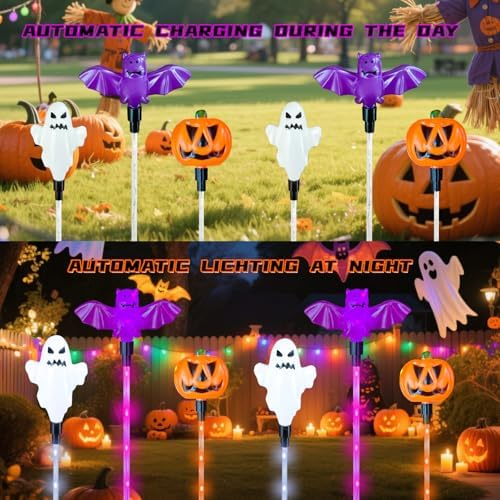 Halloween Solar Lights Outdoor, 6 Pack Pumpkin Ghost Bat Yard Stakes - Image 4